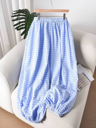 CosyJoli Plus Size Women Casual Lantern Pants, Blue Striped Pants, Women Loose Fit Long Pants, Casual Women Clothing Gingham Pants  Lounge Pants Baggy Clothes Pajama Pants