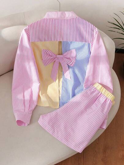 SHEIN Set de 2 piezas para niñas preadolescentes: Camisa de manga larga con cuello polo, parches a rayas y decoración de lazo; y pantalones cortos a rayas con parches, para primavera/otoño, escuela, campus, universidad en otoño e invierno