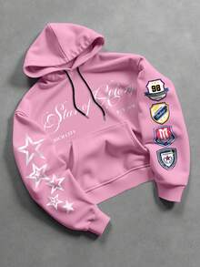 Manfinity EMRG Men's Casual Letter & Star Print Drawstring Hoodie Sweatshirt, Autumn - Pink - View 1