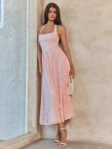 Enchnt Spring/Summer Romantic Women's Pink Sexy Halter Princess Lace Maxi Dress,Sweet&Elegant For Vacation&Date&Holiday&Going Out&Valentine's Day,Spring Outfit Women ,Summer Dress - Pink - View 6