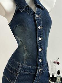 Elamini Women's Single-Breasted Utility Pocket Halter Neck Fitted Denim Dress - Dark Wash - View 4