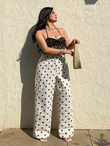 Sunnyshic Asymmetrical Waist Casual Vacation Polka Dot Denim Pants - Multicolor - View 3