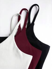 Sweetra 3pcs/Set Women's Sexy Short Casual Commuter Versatile Daily Spaghetti Strap Square Neck Camisole In Apricot, Coffee Brown And Black - Multicolor - View 3