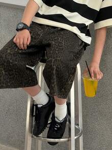 青少年男童豹纹口袋宽松休闲牛仔短裤 - 棕色 - 查看 3