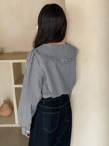 DAZY 少女格子长袖单排扣宽松可爱衬衫 - 黑色 - 查看 7