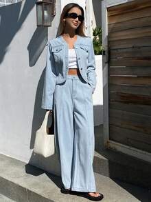 DAZY Women's Casual V-Neck Top And Flared Jeans Pants Suit - Medium Wash - View 3