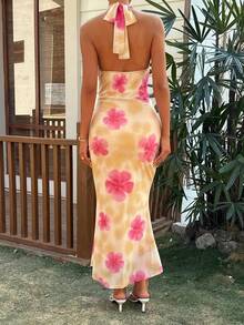 Livesso 黄色吊带印花中长连衣裙，适合海滩派对、度假、夏季穿着。 - 淡黃色 - 查看 2