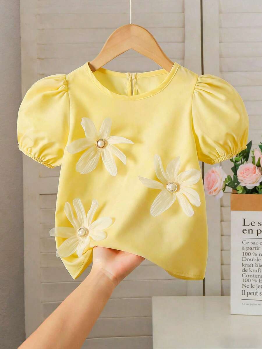 Elladie kids 少女碎花装饰圆领泡泡袖休闲日常上衣 - 黃色 - 查看 1