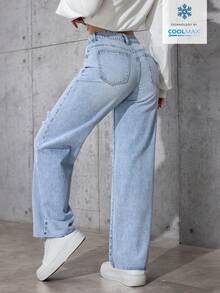 SHEIN PETITE 女士休闲百搭日常穿搭口袋纽扣做旧阔腿牛仔裤 - 淺色水洗藍 - 查看 2