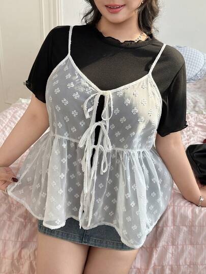 CovetEZ 大码休闲T恤和吊带透视纹理两件套，春夏款