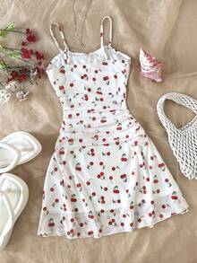 SHEIN Đầm không tay in hình quả anh đào dễ thương, ngọt ngào dành cho bé gái tuổi teen. - Hồng - Xem 2