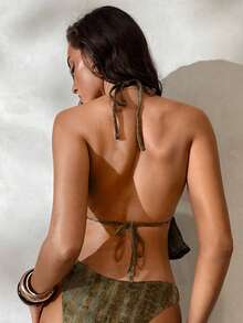 Aloruh Green Velvet Fabric Halter Neck Backless High Cut Triangle Bikini Sets With Metallic Accents - Multicolor - View 3