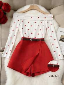 Chiquease Bộ đồ Valentine gồm áo kiểu lệch vai bèo nhún hình trái tim màu đỏ và quần short, chân váy, quần váy, bộ 2 món đa năng, thích hợp cho các buổi hẹn hò hàng ngày và những dịp lãng mạn, mùa xuân/hè. - Đỏ - Xem 1