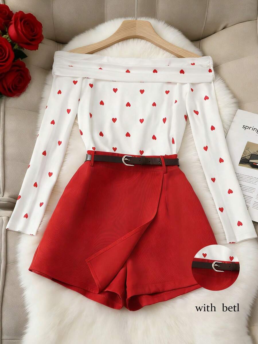 Chiquease Bộ đồ Valentine gồm áo kiểu lệch vai bèo nhún hình trái tim màu đỏ và quần short, chân váy, quần váy, bộ 2 món đa năng, thích hợp cho các buổi hẹn hò hàng ngày và những dịp lãng mạn, mùa xuân/hè. - Đỏ - Xem 1