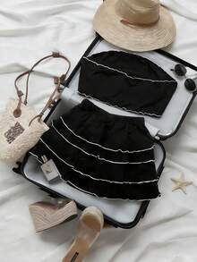 Trelyra Bộ áo quây và chân váy midi xếp ly thanh lịch dành cho nữ, thích hợp cho mùa hè. - màu đen - Xem 2