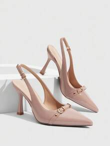 CUCCOO SZL 女士尖头细高跟杏色搭扣露跟高跟鞋，简约时尚性感通勤女鞋 - 鏡面杏 - 查看 1