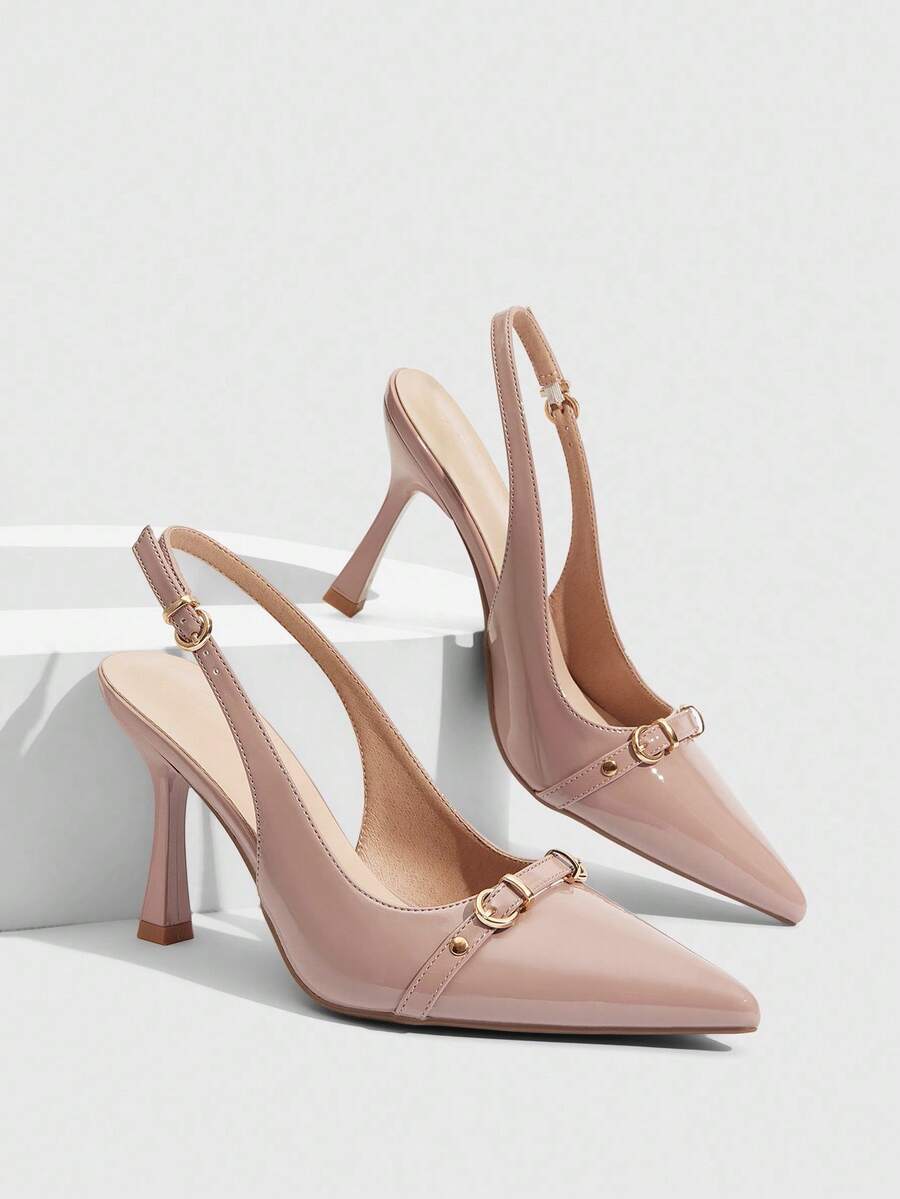 CUCCOO SZL 女士尖头细高跟杏色搭扣露跟高跟鞋，简约时尚性感通勤女鞋 - 鏡面杏 - 查看 1