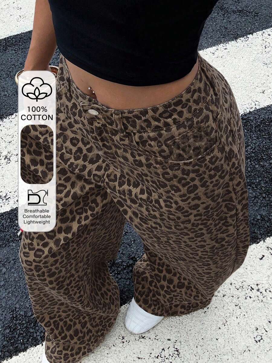 DAZY Quần jeans ống rộng dáng suông họa tiết da báo thời trang nữ phong cách Y2K - Cà phê nâu - Xem 1