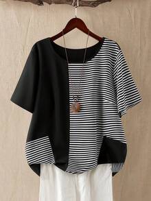 Linhara Plus Size Women's Summer New Striped Contrast Color T-Shirt Blouse, Round Neck Pullover Short Sleeve Shirt, Irregular Color Block Patchwork, AB Pocket Decor, Casual Outdoor Simple Wear Top, Home Wear Top - Black and White - View 1