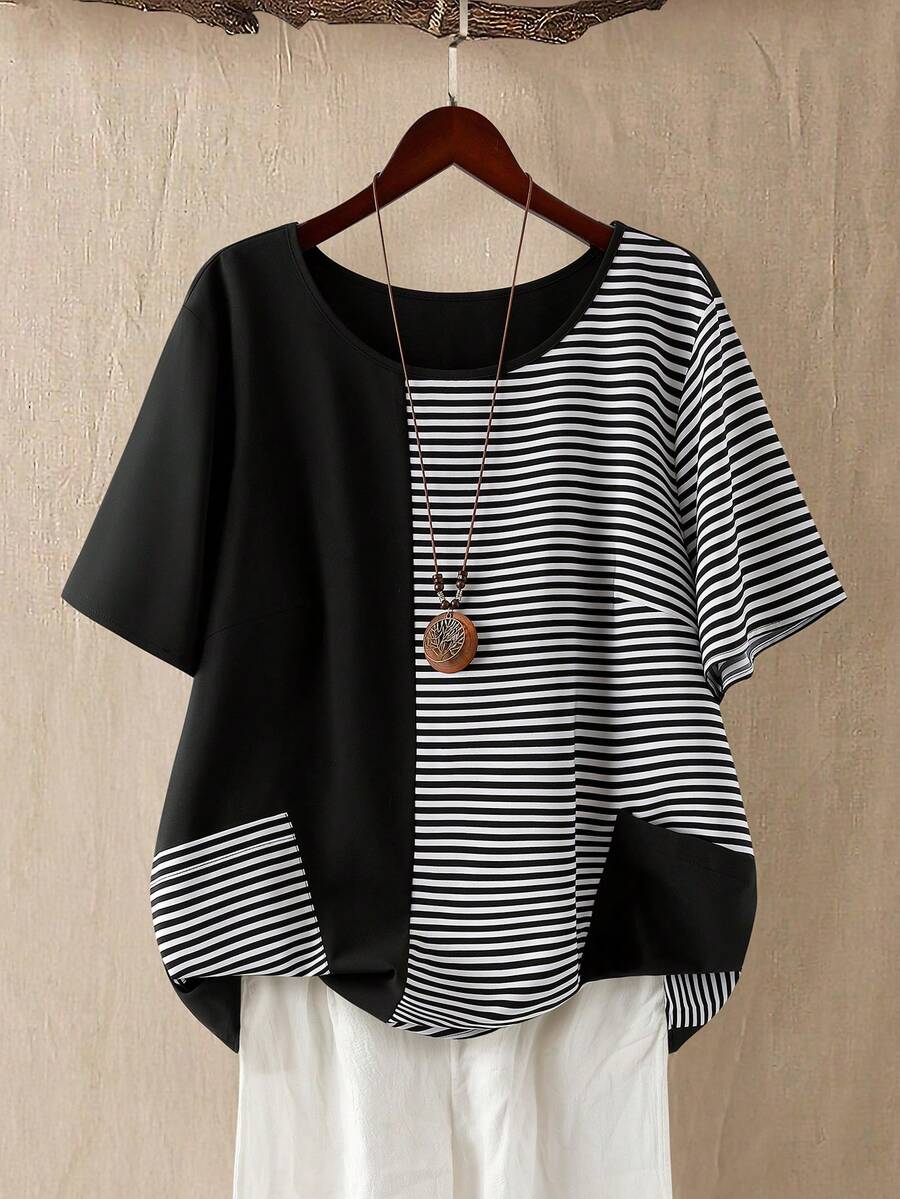 Linhara Plus Size Women's Summer New Striped Contrast Color T-Shirt Blouse, Round Neck Pullover Short Sleeve Shirt, Irregular Color Block Patchwork, AB Pocket Decor, Casual Outdoor Simple Wear Top, Home Wear Top - Black and White - View 1