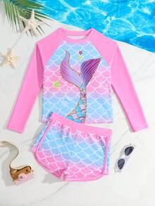 Tween Girl Casual Vacation Beach Mermaid Scale & Tail Print Long Sleeve Top And Shorts 2-Piece Swimwear Set - Multicolor - View 3