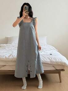 DAZY 可爱格子荷叶边女士连体裤家居服 - 黑色 - 查看 5