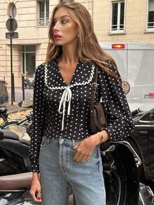 Easura 大码女装春夏法式优雅简约设计蕾丝拼接V领长袖蝴蝶结装饰休闲波点衬衫 - 黑色 - 查看 3