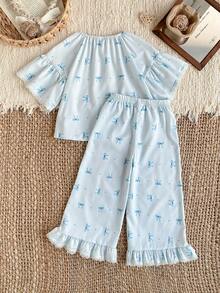 2件套幼儿女童宽松浅蓝色蝴蝶结花卉印花优雅蕾丝边长袖上衣和裤子睡衣套装 - 淺藍色 - 查看 2