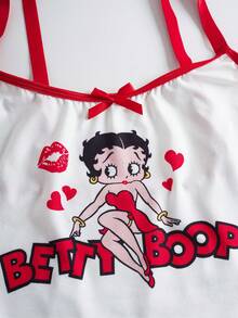 Betty Boop x SHEIN 加大码舒适卡通肖像图案吊带背心和内裤套装，夏季 - 紅白色 - 查看 7