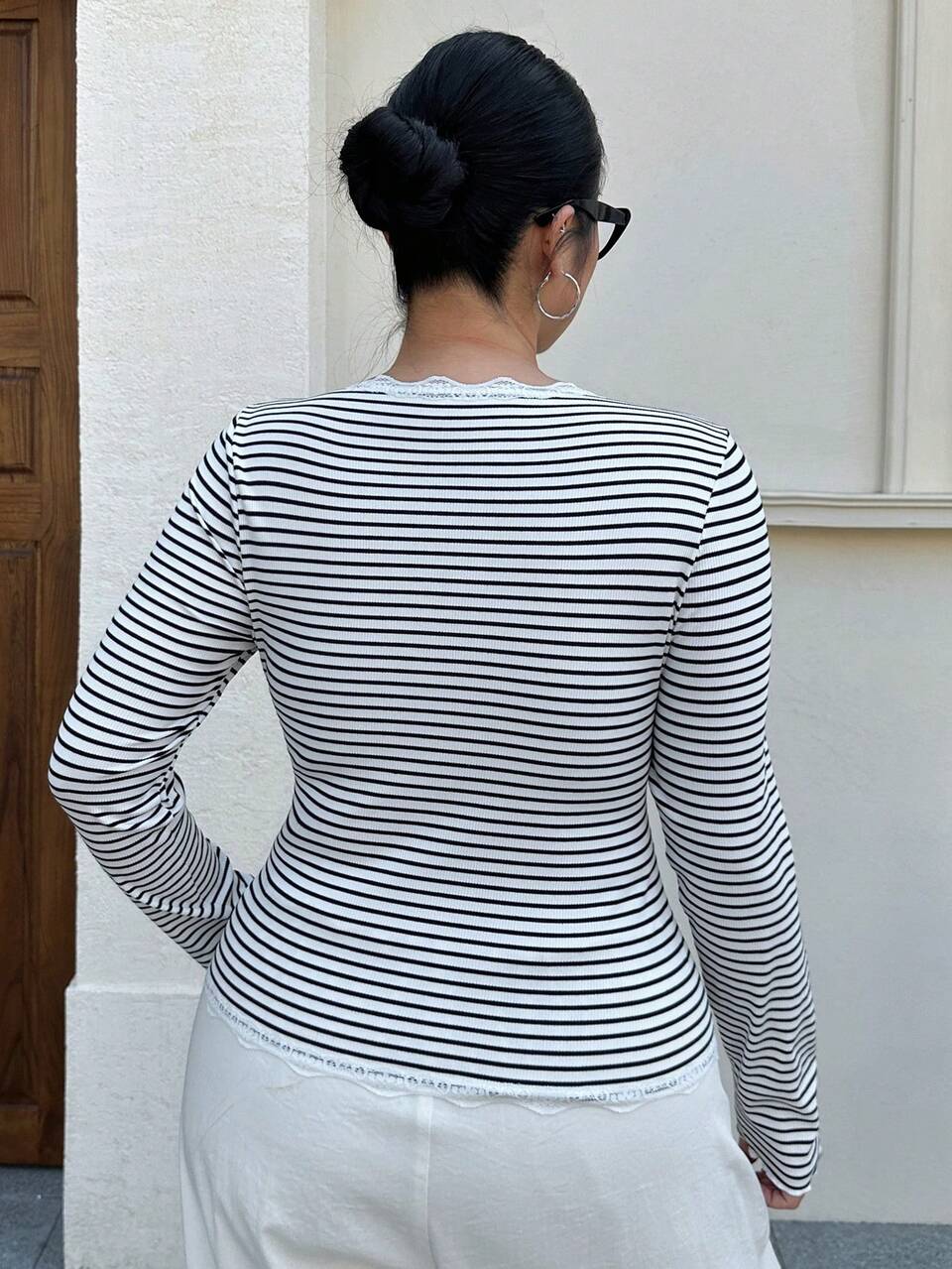 Dazy Plus Plus Size Casual Striped Lace Trim T-Shirt, Spring/Autumn