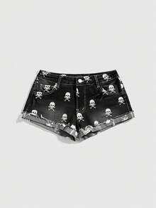 ROMWE Grunge Punk 女士复古Y2K朋克风超低腰牛仔短裤 - 黑色 - 查看 1