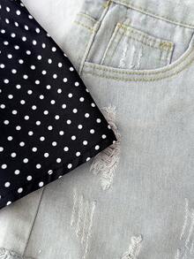 SHEIN 少女波点印花修身休闲舒适短袖衬衫，夏季 - 黑與白 - 查看 6