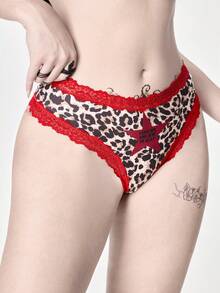 ROMWE Grunge Punk Gothic Punk Leopard Print Star Font Narrow Lace Thong Panties - Multicolor - View 5
