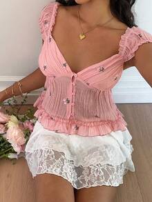 Sunnyshic Camisa corta de mujer de manga corta con abertura frontal, bordada, con volantes y de estilo casual, versátil y dulce para vacaciones y uso diario, en color rosa, para primavera/verano - Rosa - Ver 7