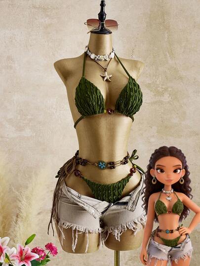 Bellisia Women's 2pcs Elegant Sexy Vintage Romantic Halter Resin Accessory Military Green Bikini Beach Outfit