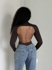 Alexandranx 女士性感镂空长袖紧身衣 - 咖啡棕 - 查看 2