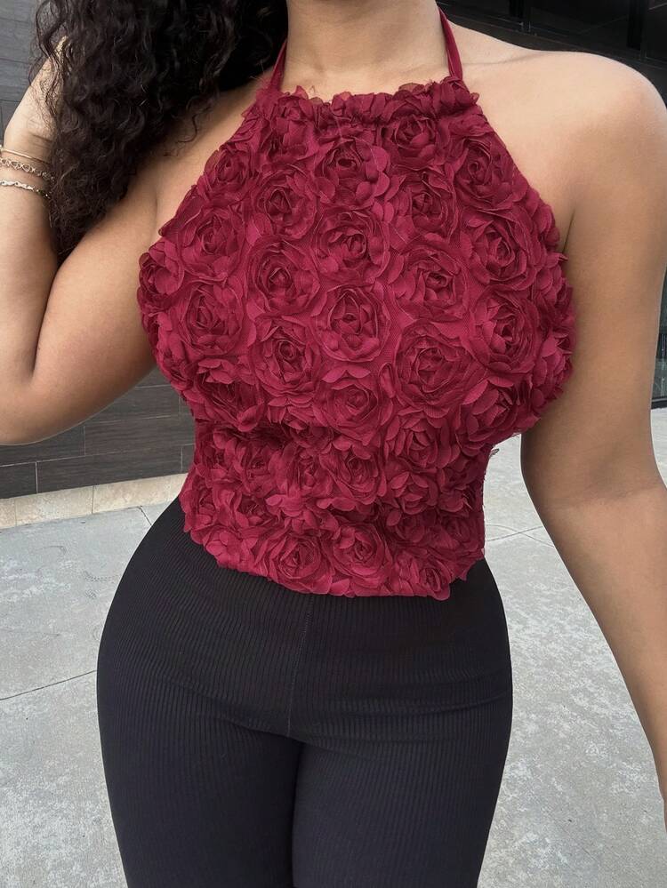 Alexandranx Women's Elegant Romantic Holiday Top Birthday Valentine's Day Music Festival Concert Ancora Red Camisole Top Burgundy Rose Flower Halter Neck Strap Top,Graduation,Teacher Outfits For Women,Back To School - Burgundy - View 4