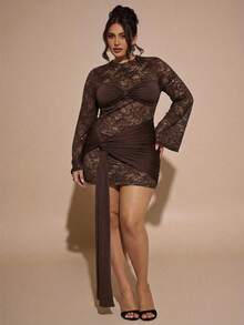 SHEIN BAE Đầm ôm sát màu đen phối ren dành cho nữ cỡ lớn - Cà phê nâu - Xem 3