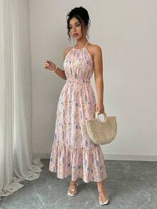 Elenzga 印花弹力吊带休闲长连衣裙（女款） - 粉色 - 查看 6