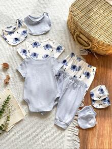 SHEIN Vintaside Kids 5pcs/Set Newborn Baby Boy Summer Outfit, Includes Cute Bear Print Knit Soft Romper, All-Over Print Pants, Hat, Bib, Gloves - Blue - View 2