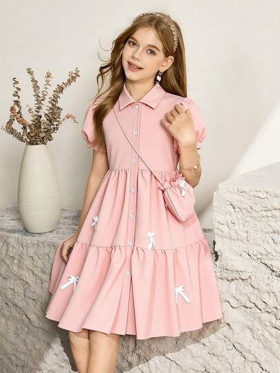 SHEIN Girls' Elegant Solid Color Collared Puff Sleeve Open Front Dress With Cute Bow Design, Pleated Hem, Suitable For Daily Wear And Gatherings, Spring/Summer Mom And Daughter Tween Girls Kids Girls Teen Girls Dresses Waist Ruffle Trim Kawaii Dress Teen Girl Cotton Dress Girls Collared Dress Primavera A Verano Pink Dress