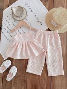 SHEIN LMoss Kids Baby Girl Summer Casual Vacation Daily Commute Solid Color Jacquard Babydoll Cami Top & Wide Leg Pants Set - Pink - View 11