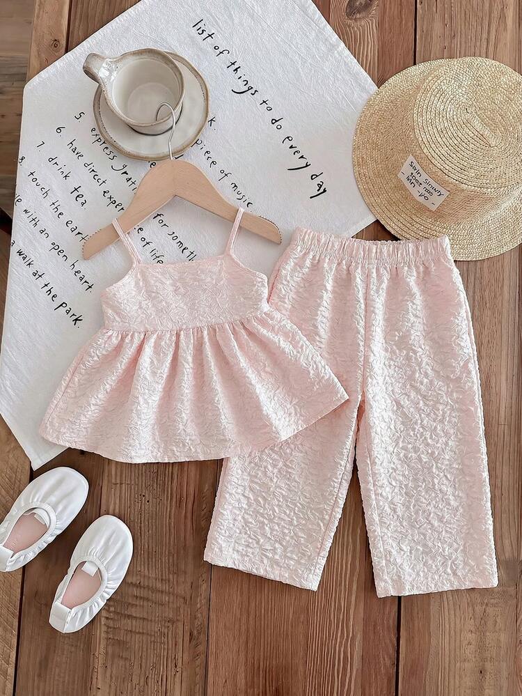 SHEIN LMoss Kids 女婴夏季休闲度假日常通勤纯色提花娃娃衫吊带上衣和阔腿裤套装 - 粉色 - 查看 11