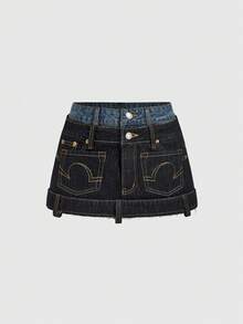 ROMWE Grunge Punk Váy denim ngắn nữ phong cách đường phố Y2K, thiết kế cạp đôi phối đường chỉ tương phản. - Màu xanh lam - Xem 1