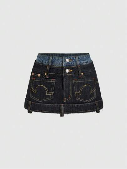 ROMWE Grunge Punk Váy denim ngắn nữ phong cách đường phố Y2K, thiết kế cạp đôi phối đường chỉ tương phản.