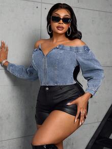 Slaydiva Blusa vaquera de manga larga versátil con hombros descubiertos y cremallera, de unicolor, talla grande - Azul - Ver 4
