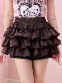 ROMWE Kawaii Váy quần nữ cạp chun, xếp tầng, viền bèo nhún, phối ren, đa năng, thích hợp cho hẹn hò và đi chơi. - Cà phê nâu - Xem 7