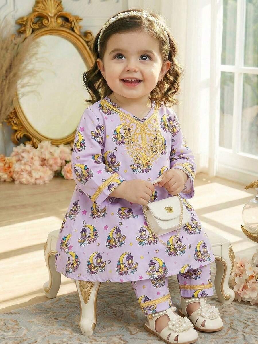 SHEIN 女婴紫色碎花边套头衫和配套长裤套装,适合外出、休闲穿着、派对场合、春夏穿着 - 紫色 - 查看 1