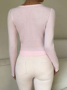 CovetEZ Women's Spring 2026 New Fashionable And Versatile Sweet Casual Pink Bow 3D Print Slim Fit Casual Long Sleeve T-Shirt. (Keywords: Spring Outfit, Women's Valentine's Day, Valentine Outfits For Women, Valentine Outfits For Women, Casual Blouses For Women, Graphic Tee, Graphic Tees, Women's Pink Top) Light Pink Clothes - Pink - View 2