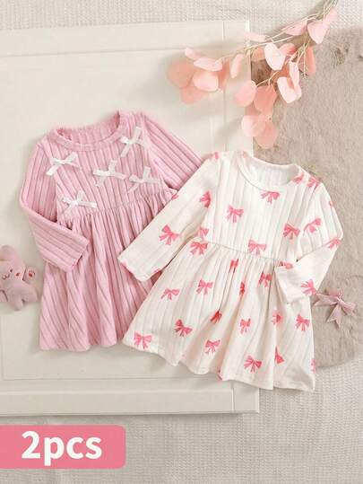 SHEIN 2 st Babyflickor Avslappnad Bekväm Söt Rund Halsringning Rosettdekor Ribbad Stickad Klänning, Höst/Vinter